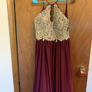 Gold and maroon prom dress